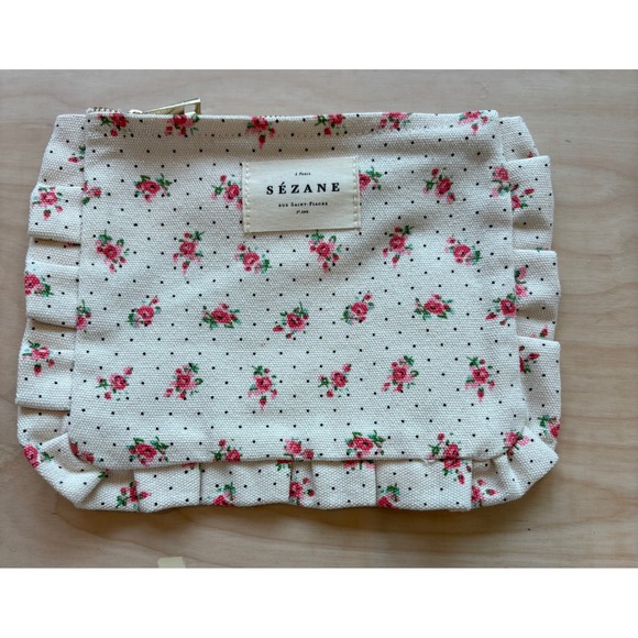 Sezane Handbags - Sezane Floral Polka Dot Ruffle Makeup Pouch Cosmetic Bag Pink Romantic Cute